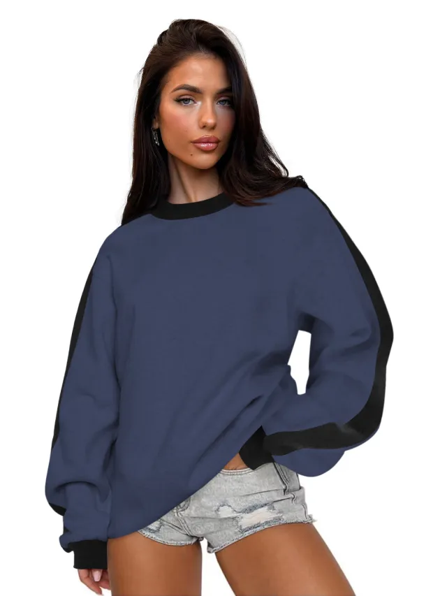 Women's Contrast Color Round Neck Loose Sweater Long sleeved Top Gray Blue Black - Shop at LoveMi