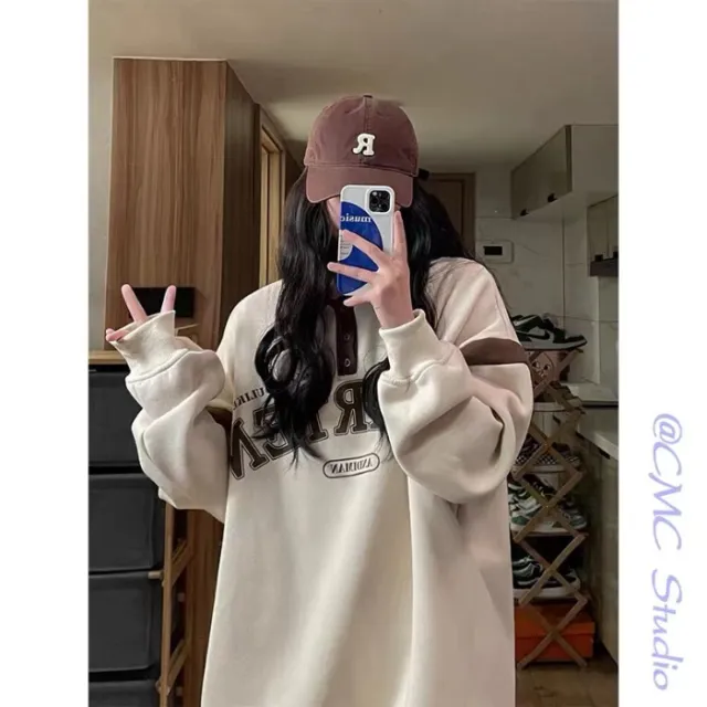 American Retro Contrast color Stitching Sweatshirt Loose Casual Top Beige - Shop at LoveMi