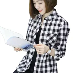 Women's Long-sleeved Slim-fit Plaid Shirt - White - View 1
