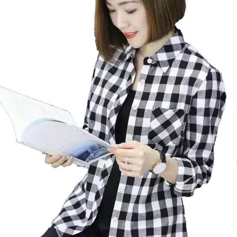 Women's Long-sleeved Slim-fit Plaid Shirt - White