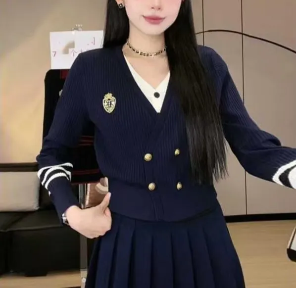 Long Sleeve College Style Fake Two piece Cardigan Sweater Navy Blue - Shop at LoveMi