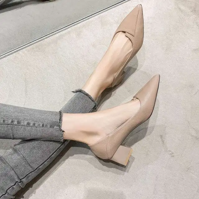New Spring Versatile Low cut Women's Mid Heel Chunky Heel Pointed toe Soft Bottom Work Shoes Apricot - Shop at LoveMi
