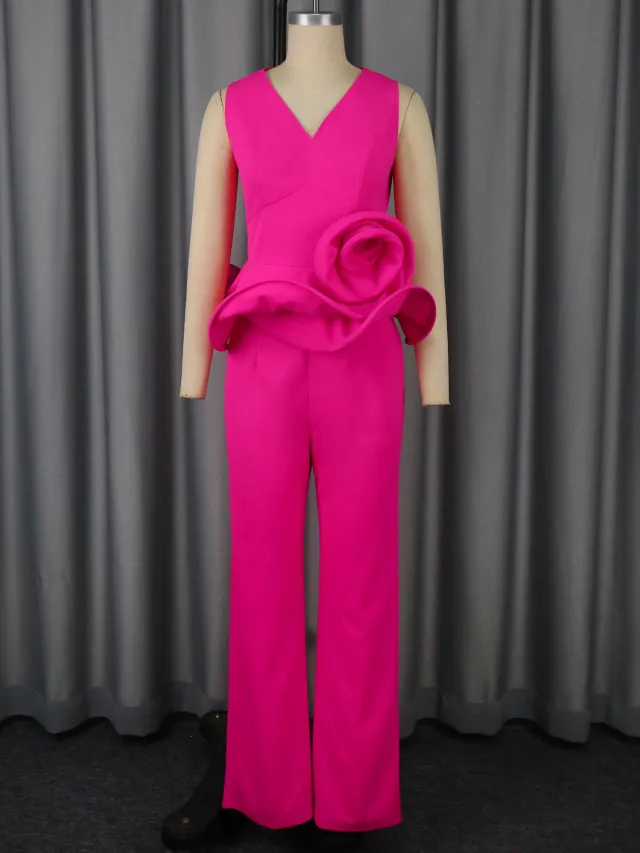 Three dimensional Flower V neck Sleeveless Top High Waist Fashion Straight leg Pants Rose Red - Shop at LoveMi