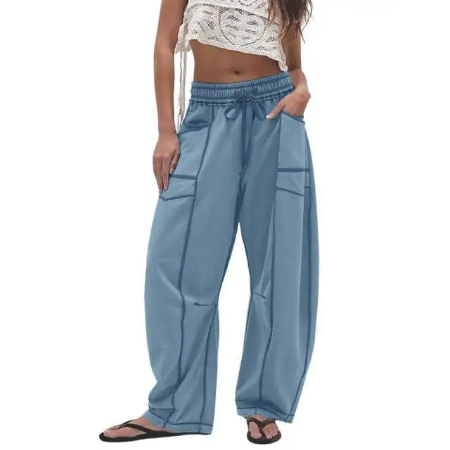 Casual Summer Wide Leg Drawstring Waist Casual Pants Blue - Shop at LoveMi