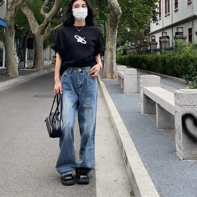 Summer High Waist Daddy Pants Slimming Loose Straight Mopping Pants Denim Blue - Shop at LoveMi