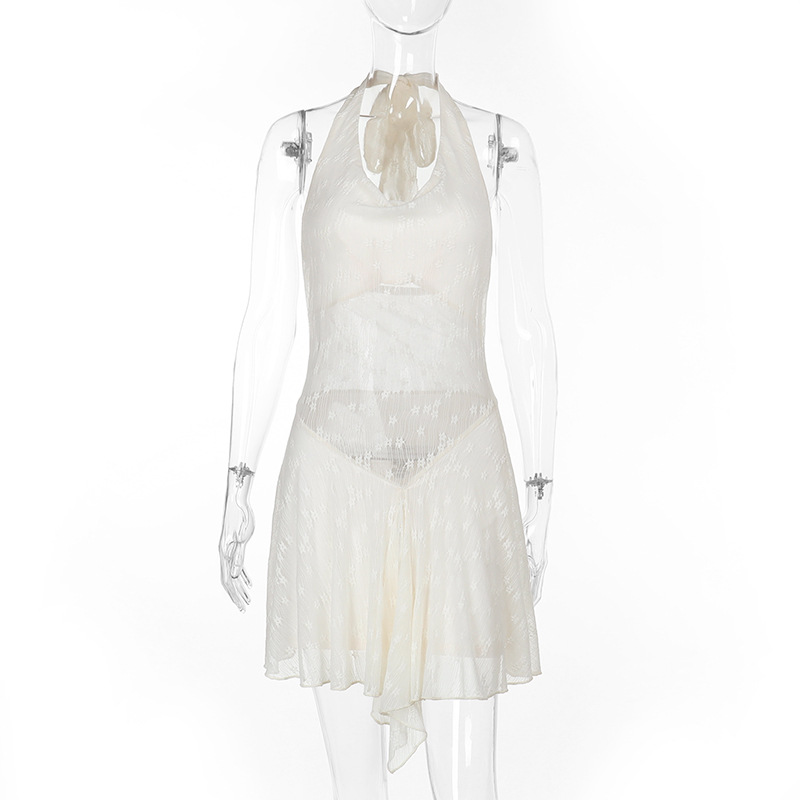 Sexy Backless Halter Lace Patchwork Dress For Women Apricot Beige - Shop at LoveMi