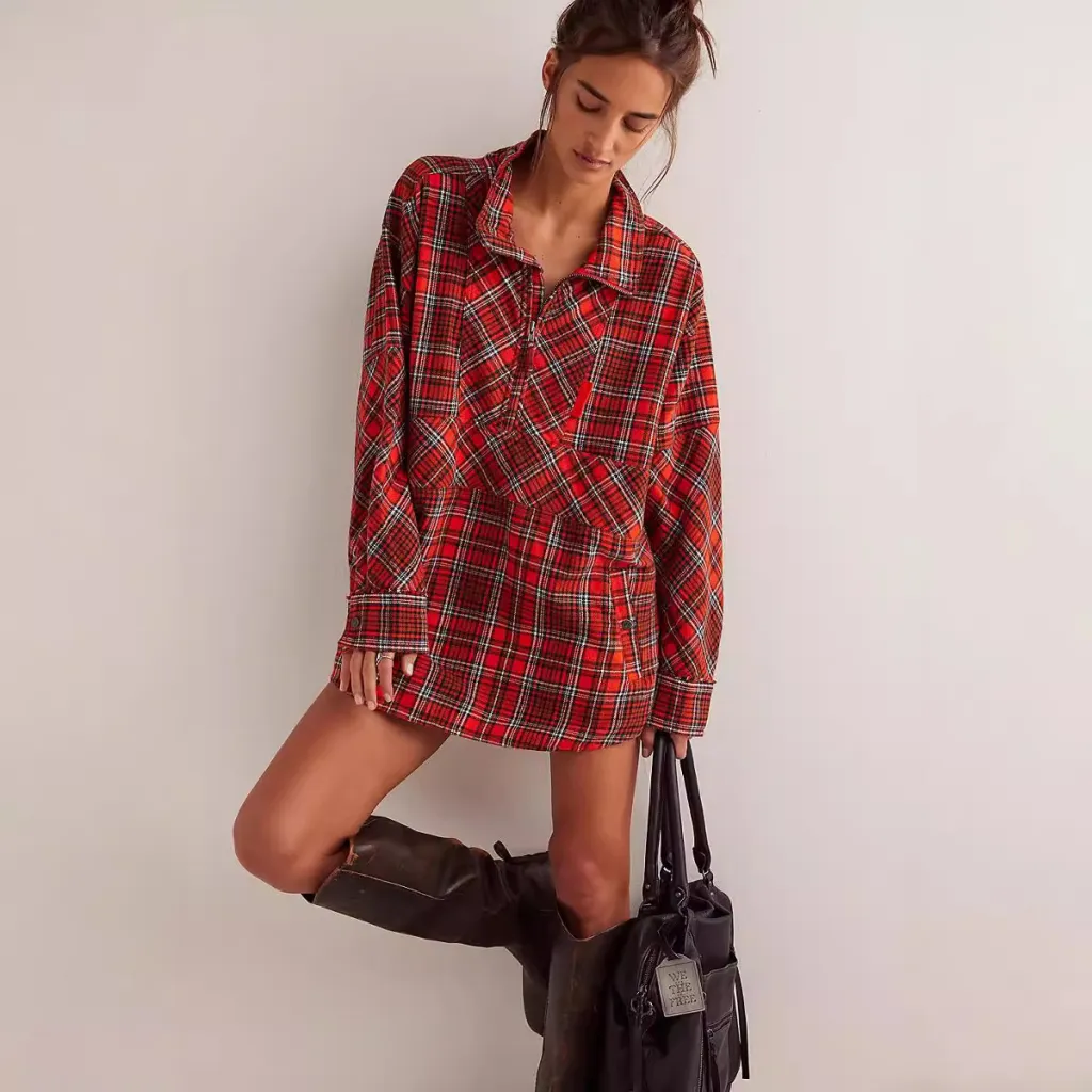 Women's Half-zip Flip Collar Loose Pocket Plaid Long Sleeve Shirt - Red