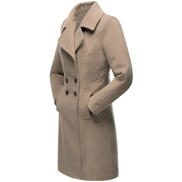 Long Woolen Women's Coat Indoor And Outdoor Casual Jacket Double Breasted Khaki - Shop at LoveMi