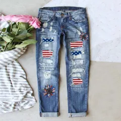 Independence Day Flag Denim Ripped Trousers - Flag Printing Flag Flower-Xl - View 1