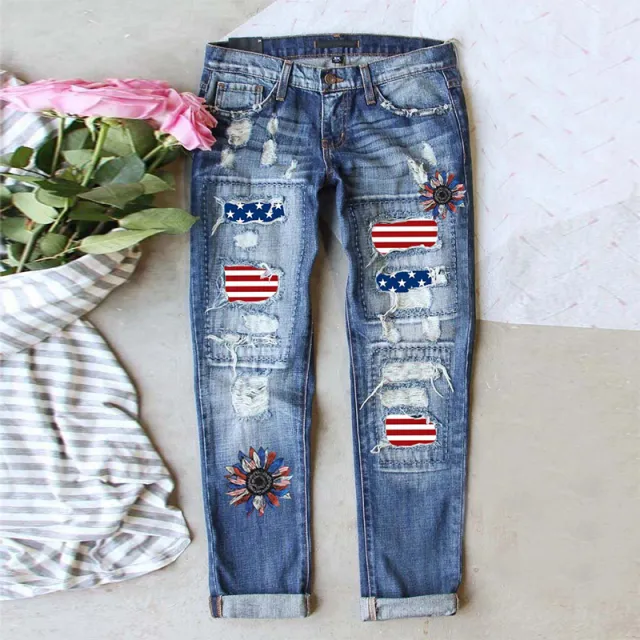 Independence Day Flag Denim Ripped Trousers Flag Printing Flag Flower Xl - Shop at LoveMi