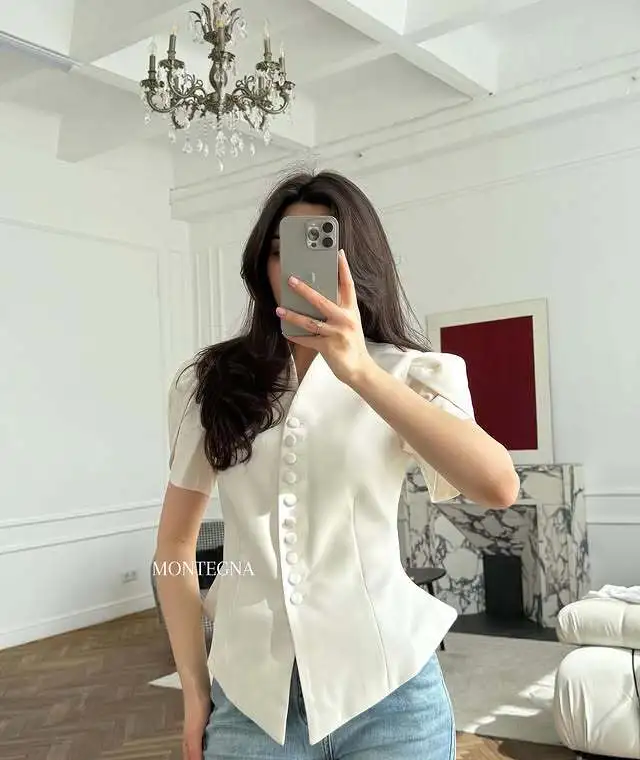 Women's Fashion Elegant Puff Sleeve Waist Cinching Slim Fit European And American INS Style Blazer White - Shop at LoveMi