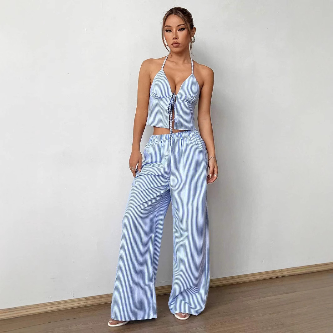 Summer Stripes Vest Plus Stretchy Straight-leg Pants Casual Two-piece Suit