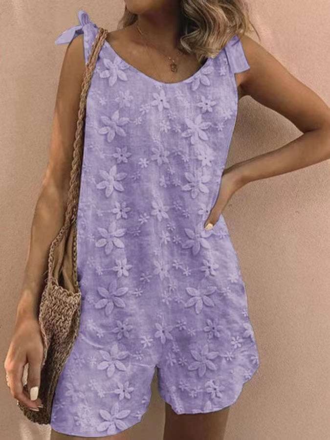 Loose Casual Pure Cotton Embroidery Flower Lace-up Vest Jumpsuit