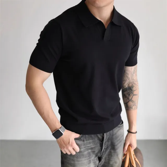 Lightly Mature Summer Ice Silk Men's Lapel Knitwear Black - Shop at LoveMi
