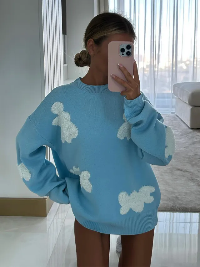 Fashion Love Embroidered Sweater For Women Blue - Shop at LoveMi