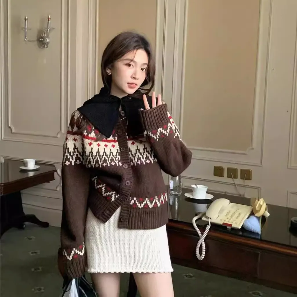 Christmas Atmosphere Thickened Sweater Coat Women's Autumn And Winter - Coffee