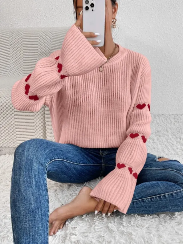 Pullover Loose Heart Jacquard Sweater For Women Pink - Shop at LoveMi