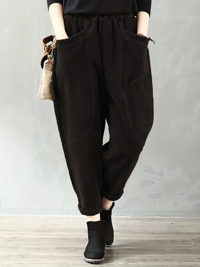 Autumn And Winter Elastic Waist Large Size Fashion Corduroy Loose Pants Black - Shop at LoveMi
