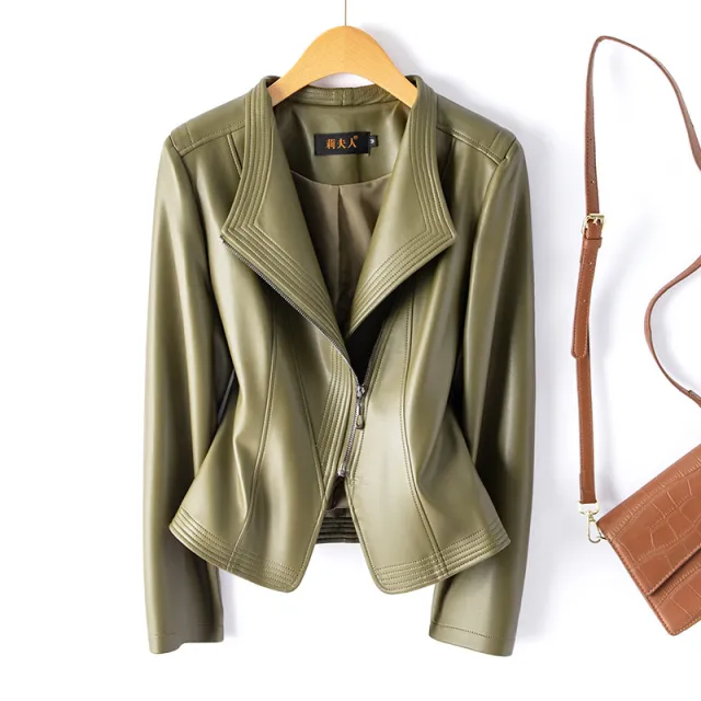 Women's Short Slim Fit Slimming Motorcycle Plus Size Leather Jacket Green - Shop at LoveMi