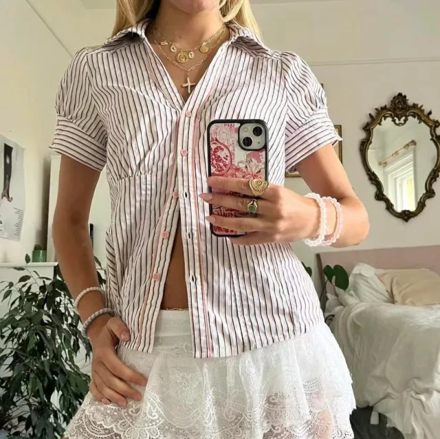 Shirt Waist Trimming Short sleeved Button Cardigan Top White Stripes - Shop at LoveMi