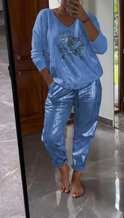 Gilding Top And Trousers Shiny Suit Blue - Shop at LoveMi