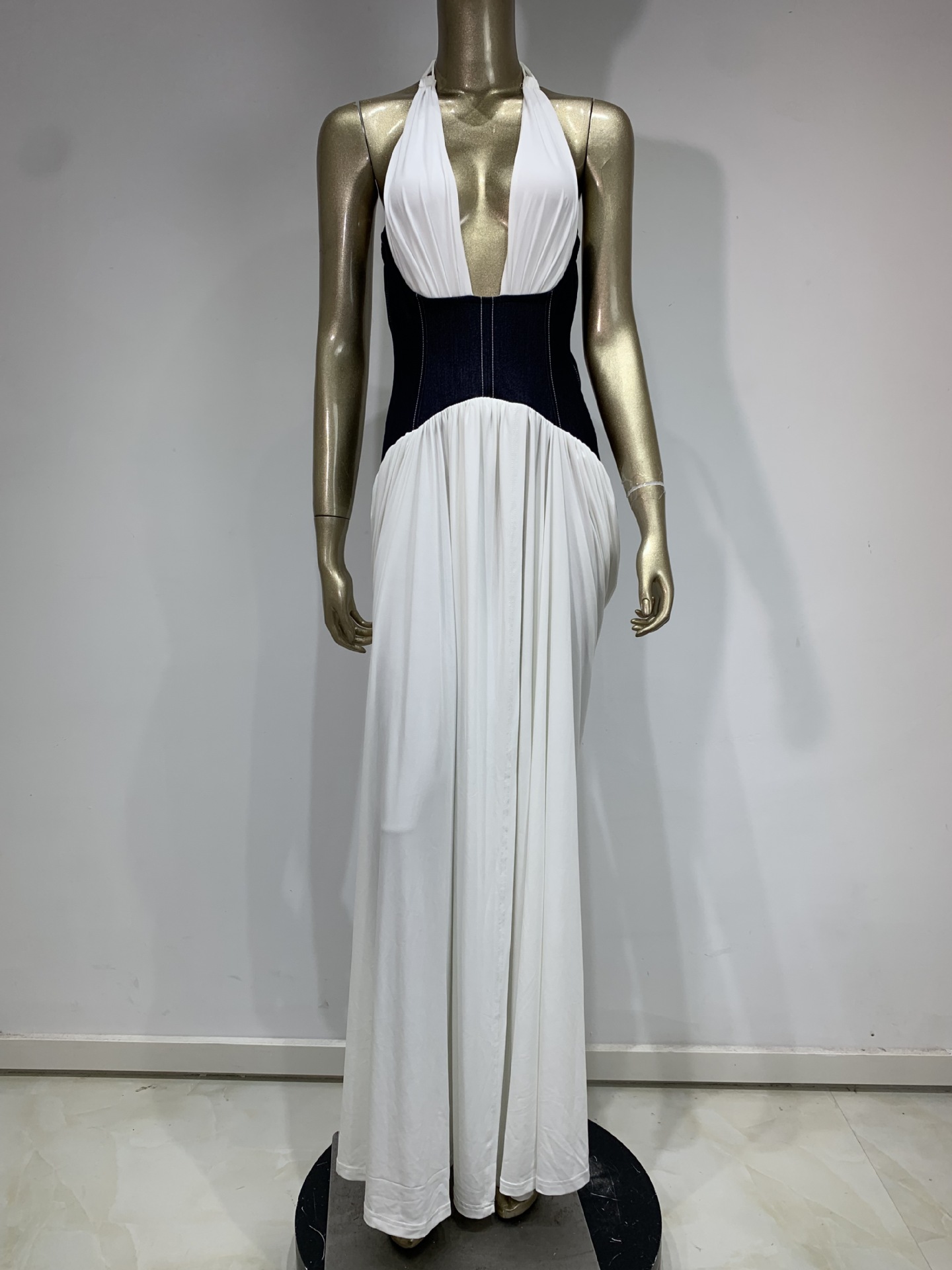 New European And American Fashion White Deep V Halter Denim Waist Seal Long Dress White - Shop at LoveMi