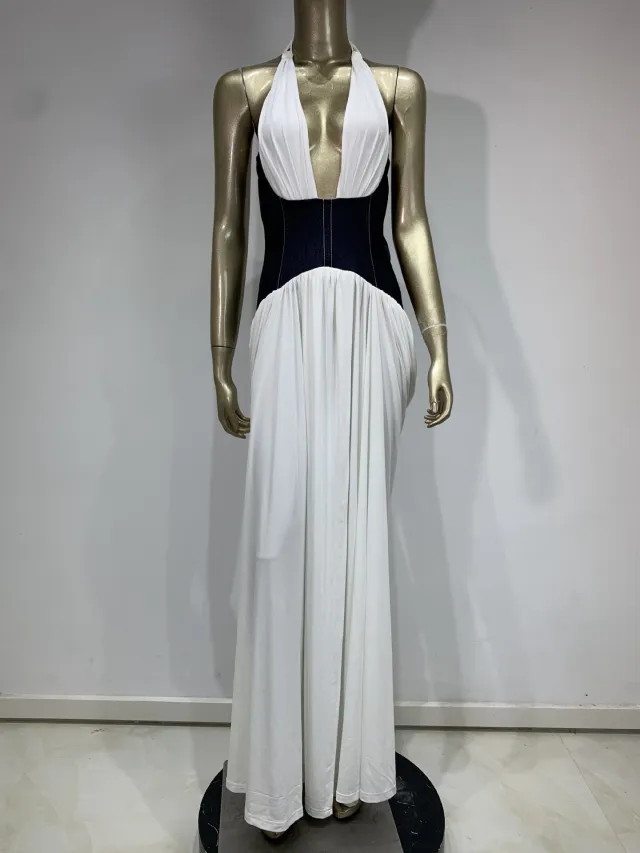 New European And American Fashion White Deep V Halter Denim Waist Seal Long Dress White - Shop at LoveMi