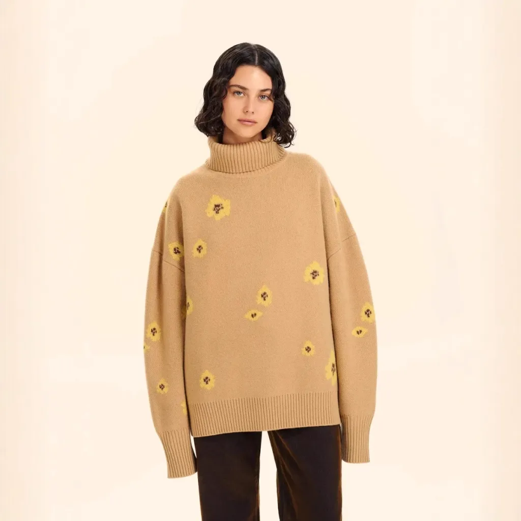 Women's Flower Jacquard Turtleneck Sweater - Khaki