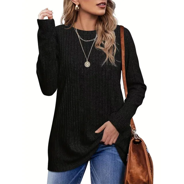 Women's Round Neck Brushed Sunken Stripe Upper Clothes Long Sleeves T shirt Black - Shop at LoveMi