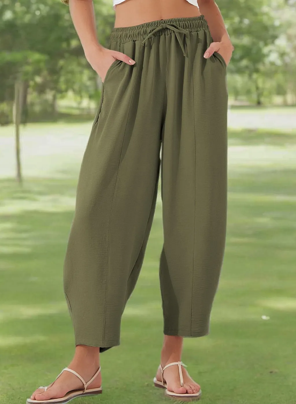 Pleated Mid-waist Straight Loose Casual Cotton And Linen Cropped Pants - Army Green