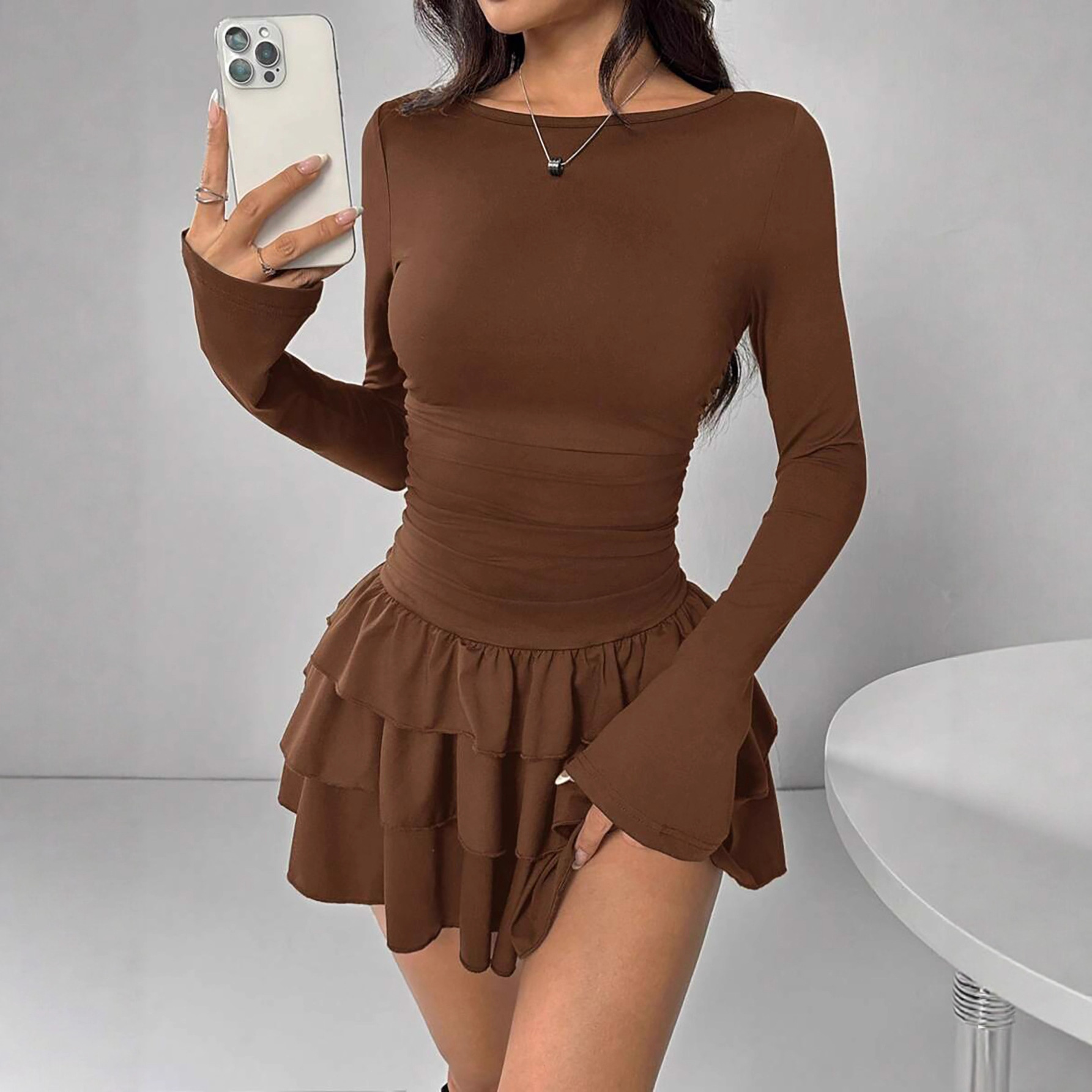 Autumn And Winter Solid Color Slim Fit Slimming Temperament Long Sleeve Dress Brown - Shop at LoveMi