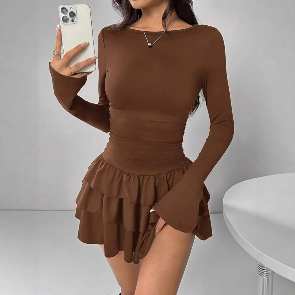 Autumn And Winter Solid Color Slim Fit Slimming Temperament Long Sleeve Dress - Brown