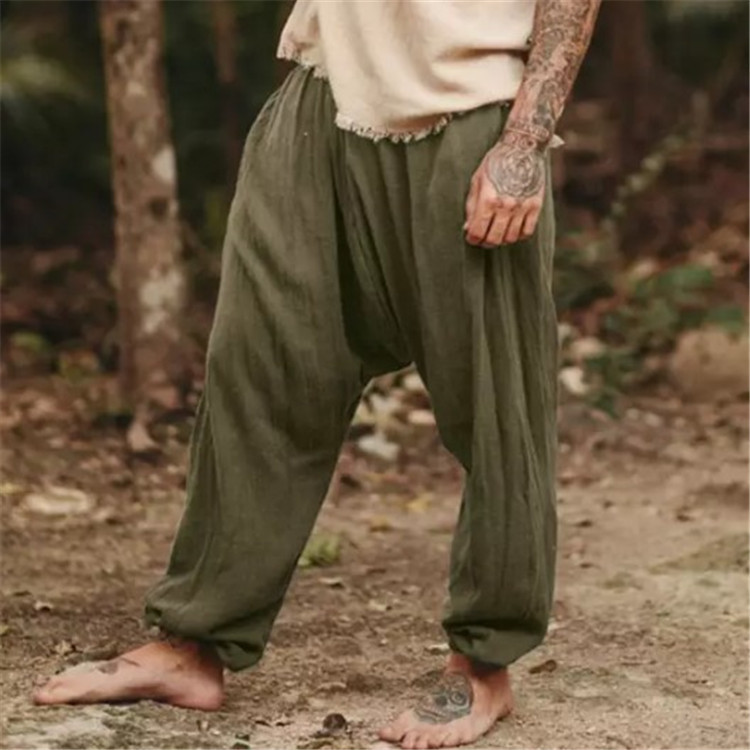 Men's Cotton And Linen Pure Color Tied Loose Casual Trousers