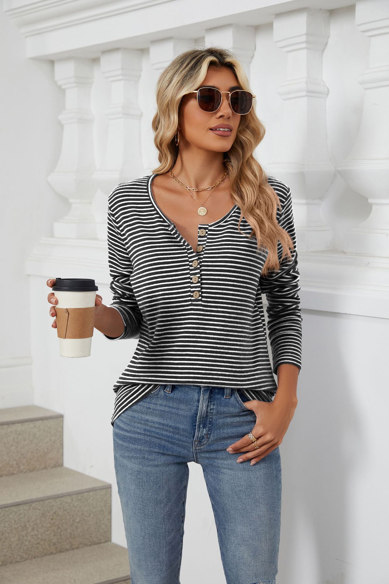 Title 19, Round Neck Button Solid Color Striped Casual T-...