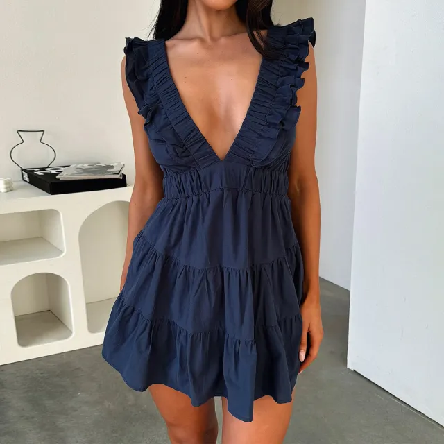 Women's Ruffled Sexy Deep V Slim Fit Backless Dress Navy Blue - Shop at LoveMi