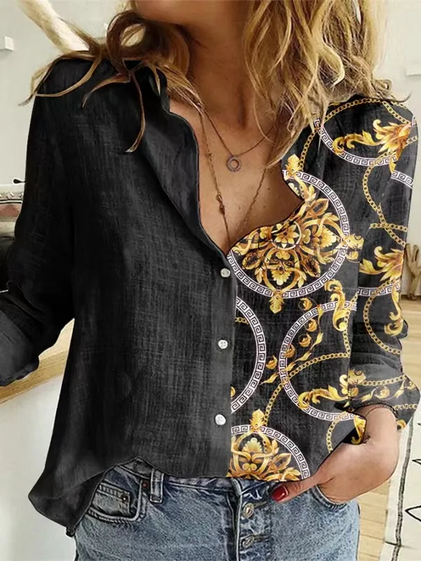Fashion Shirt Printing Lapel Long Sleeve Women - Shirt 1-L