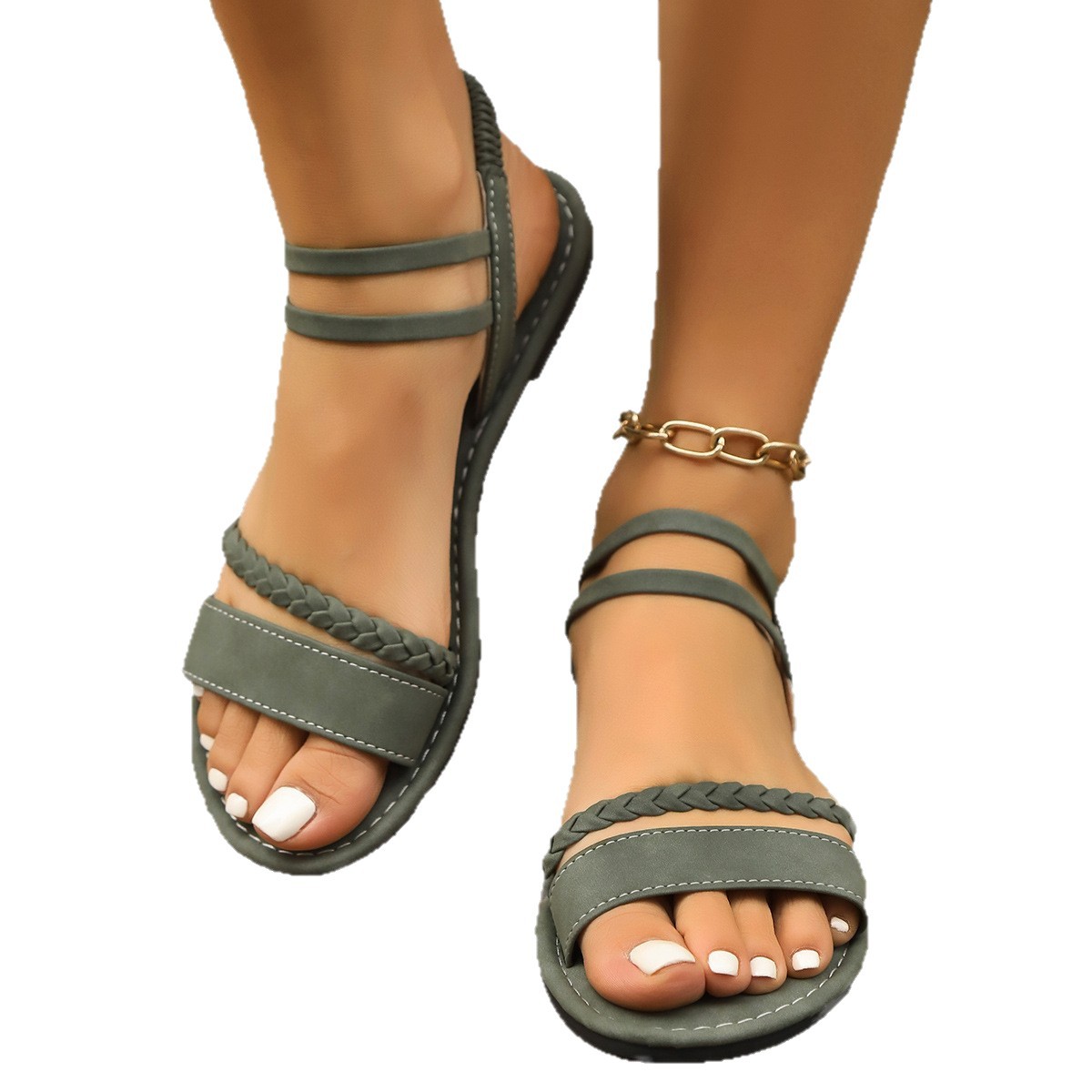 Cross-border Foreign Trade Flat Sandals Arrival Woven Strap Elastic Band Versatile Beach Flip-flops