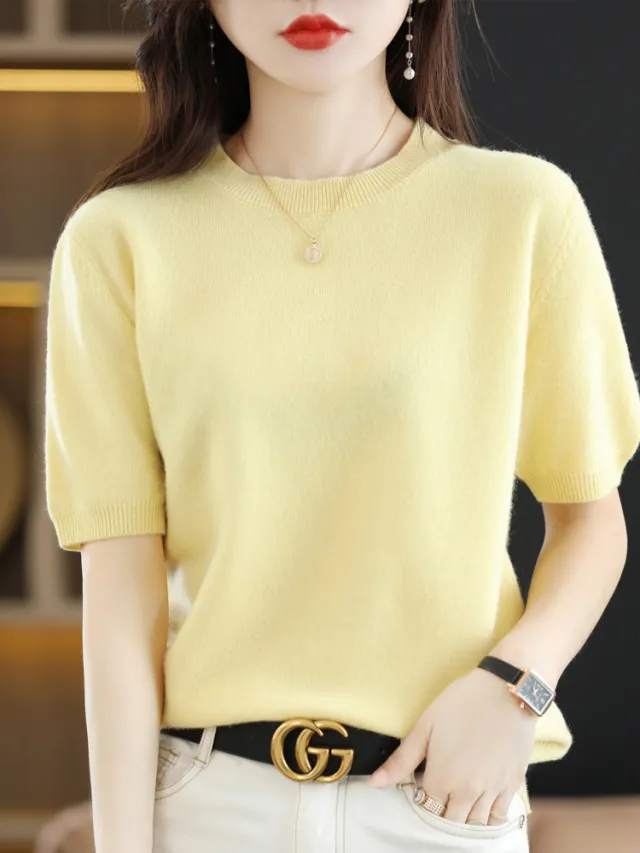 Knitted Short Sleeve Loose T shirt Inner Wear Sweater Non cashmere Bottoming Shirt Light Yellow - Shop at LoveMi