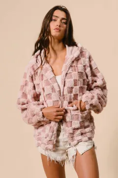 Women's Plaid Zipper Cardigan Hoodie Plush - Peach - View 1
