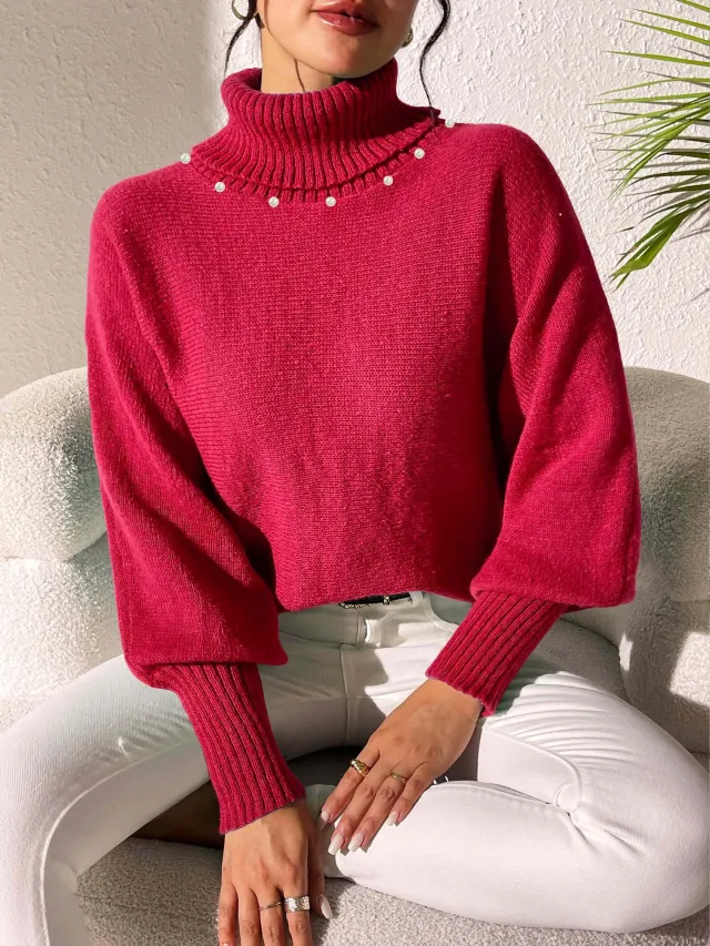 Women's Solid Color Simple Top Pearl Beaded Turtleneck Sweater Women's Base Shirt Bright Red - Shop at LoveMi