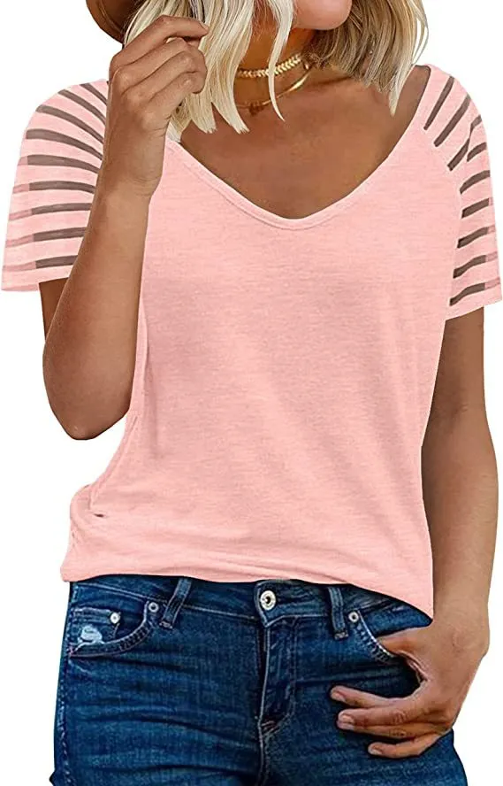 Summer V neck Mesh Shirt Solid Color Short Sleeve Casual Loose fitting T shirt Women Pink - Shop at LoveMi