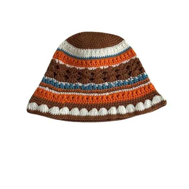 Japanese style Retro Hollow Flower Handmade Knitted Bucket Hat Women Coffee White Orange - Shop at LoveMi