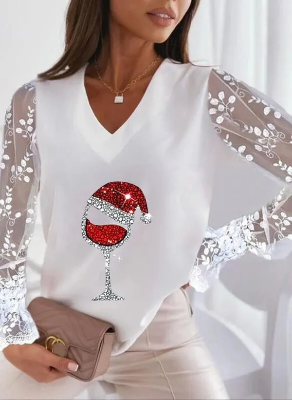 New Christmas Printed V neck Lace Sleeve All matching Women's Wear T shirt White - Shop at LoveMi
