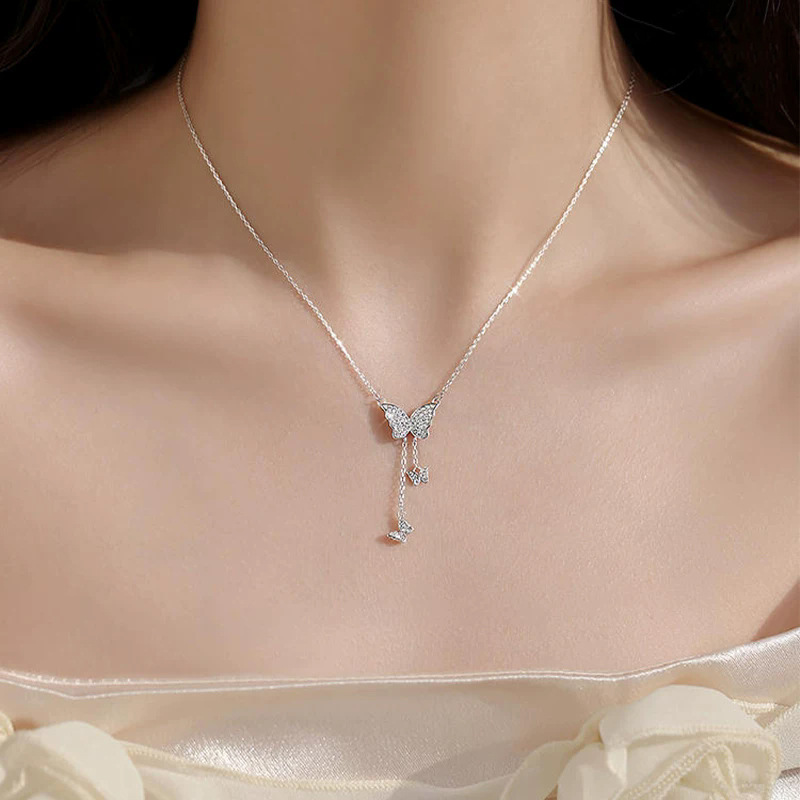 Full-Crystal Three-Butterfly Tassel Necklace For Women