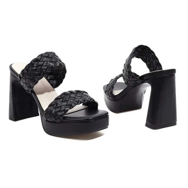 Round Toe Open Toe Side Empty Woven Foot Waterproof Platform Chunky Heel High Heel Sandals Black - Shop at LoveMi