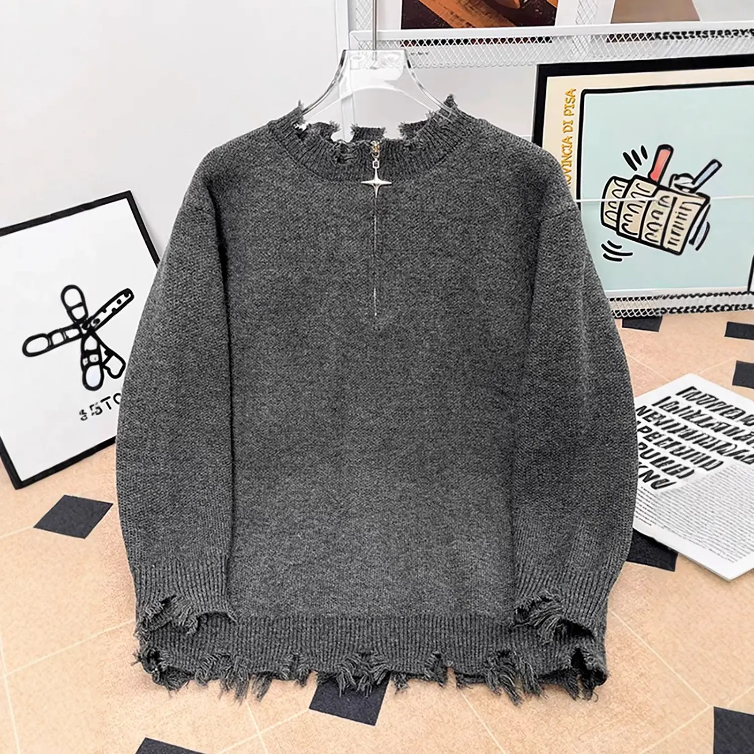 Mens Heavyweight High-street Half-zip Distressed Sweater