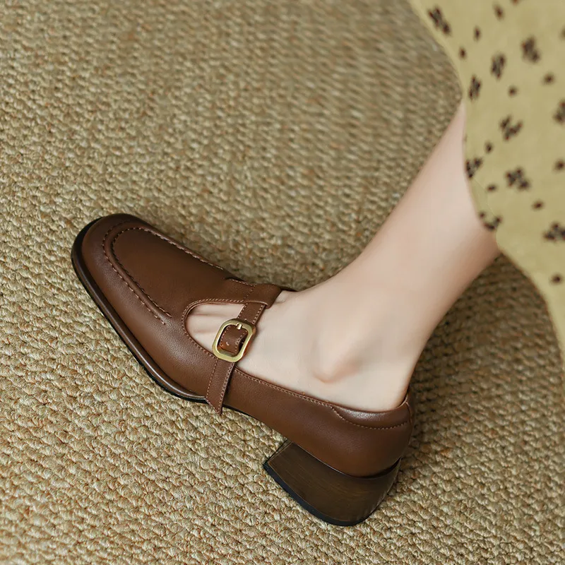 Mid Heel Chunky Heel French Retro Brown Shallow Mouth Pumps - Brown
