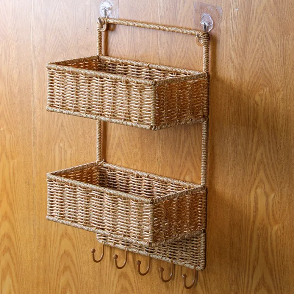 Hand-Woven Wall Basket with Hooks (2-Tier, No Drilling)