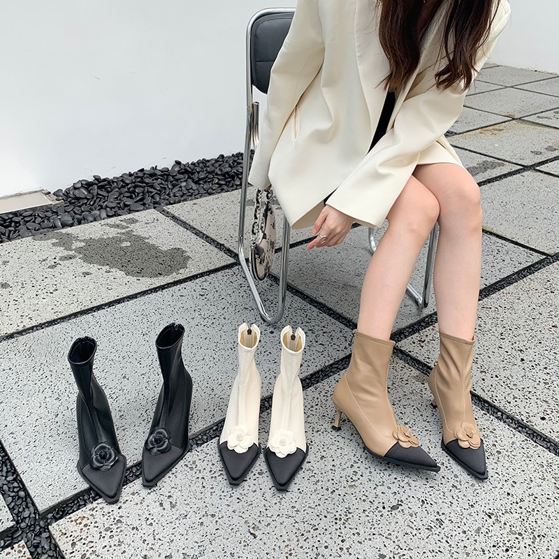 Floral High-heeled Slimming Ankle Boots For Women