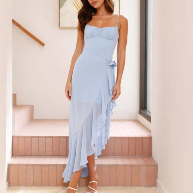 European And American Sexy Women's Sling Backless Ruffles Irregular Dress Blue - Shop at LoveMi
